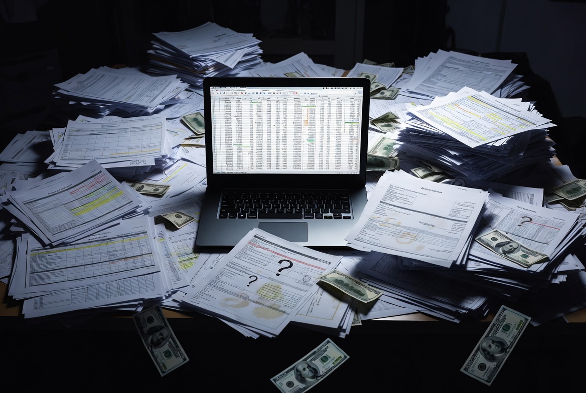 Agency desk buried in spreadsheets and vendor invoices — money slipping away