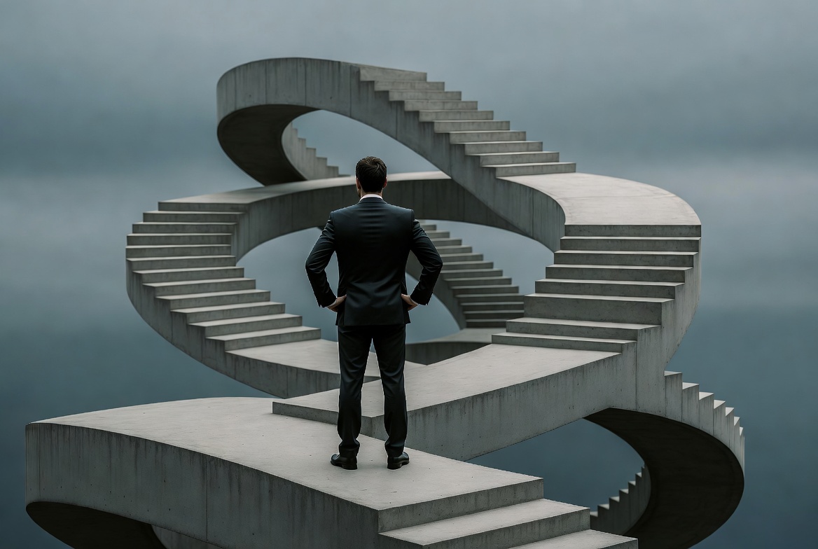 Businessman facing an impossible staircase — confusion, no clear path forward