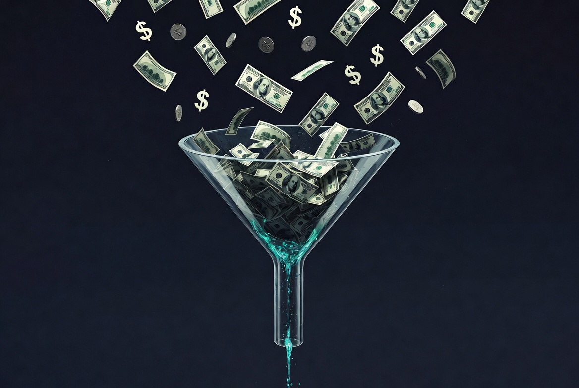 Money pouring into a funnel — only a trickle comes out