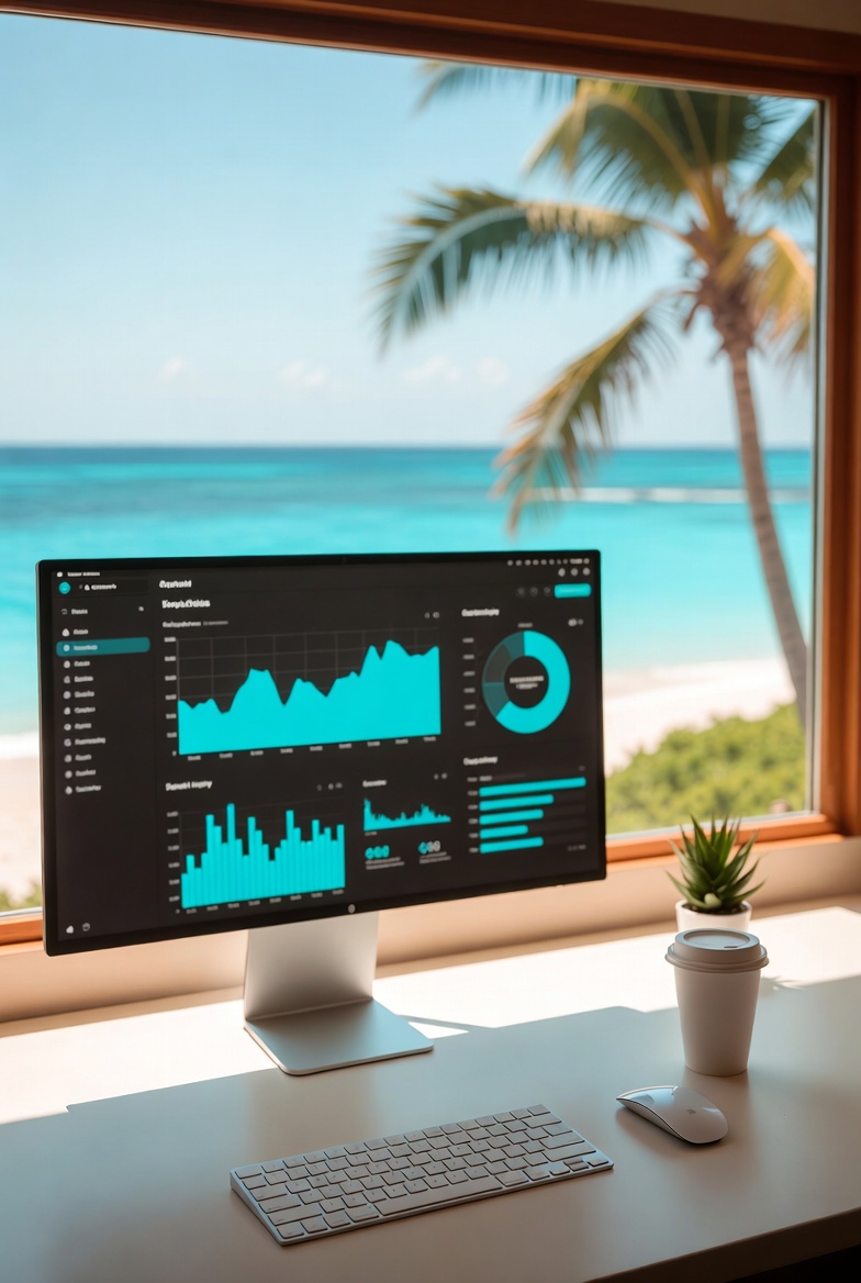 Agency owner relaxed at her desk — Qlearscape dashboard in control