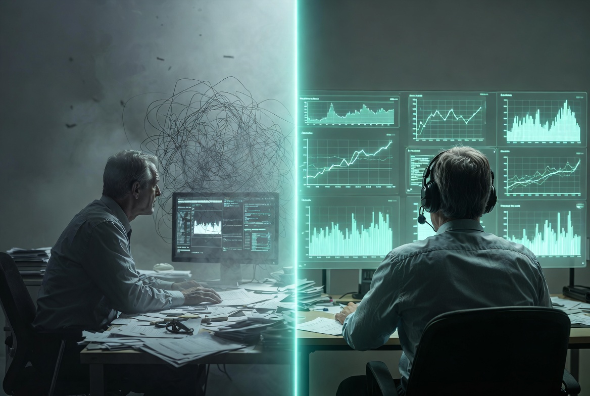 Without Qlearscape vs with Qlearscape — chaos vs clarity