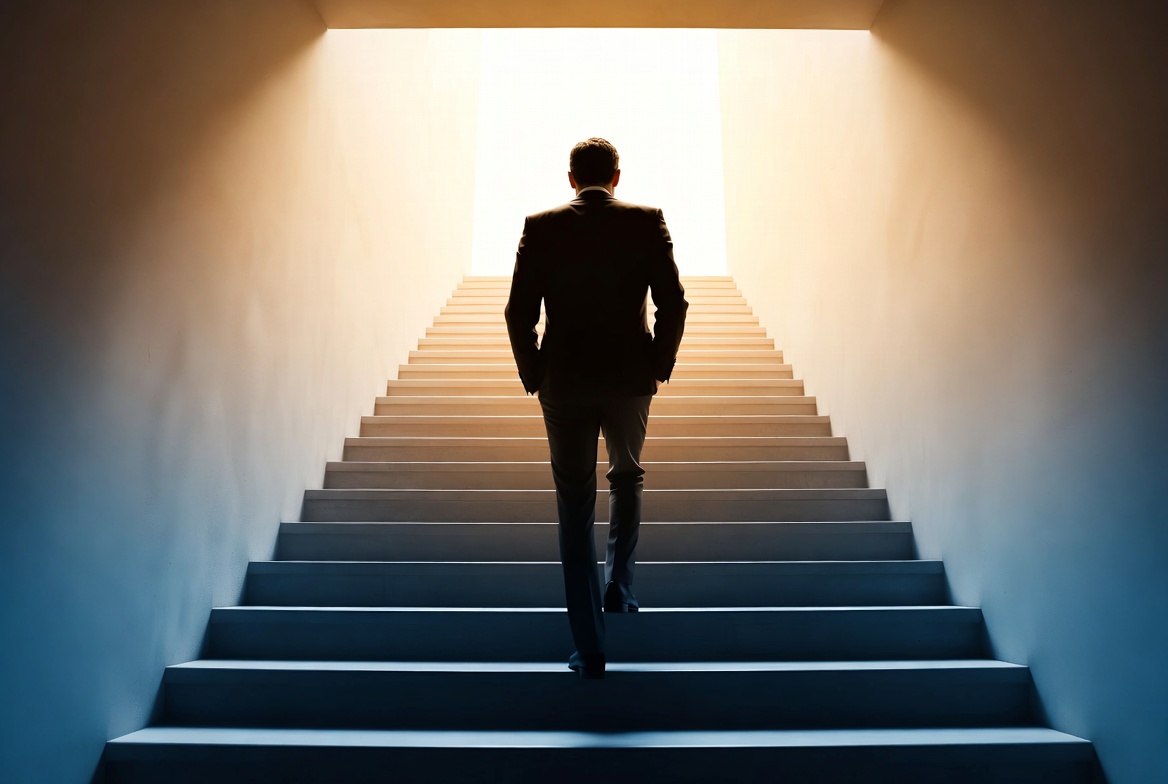 Businessman walking up a clear staircase toward the light — direction, purpose