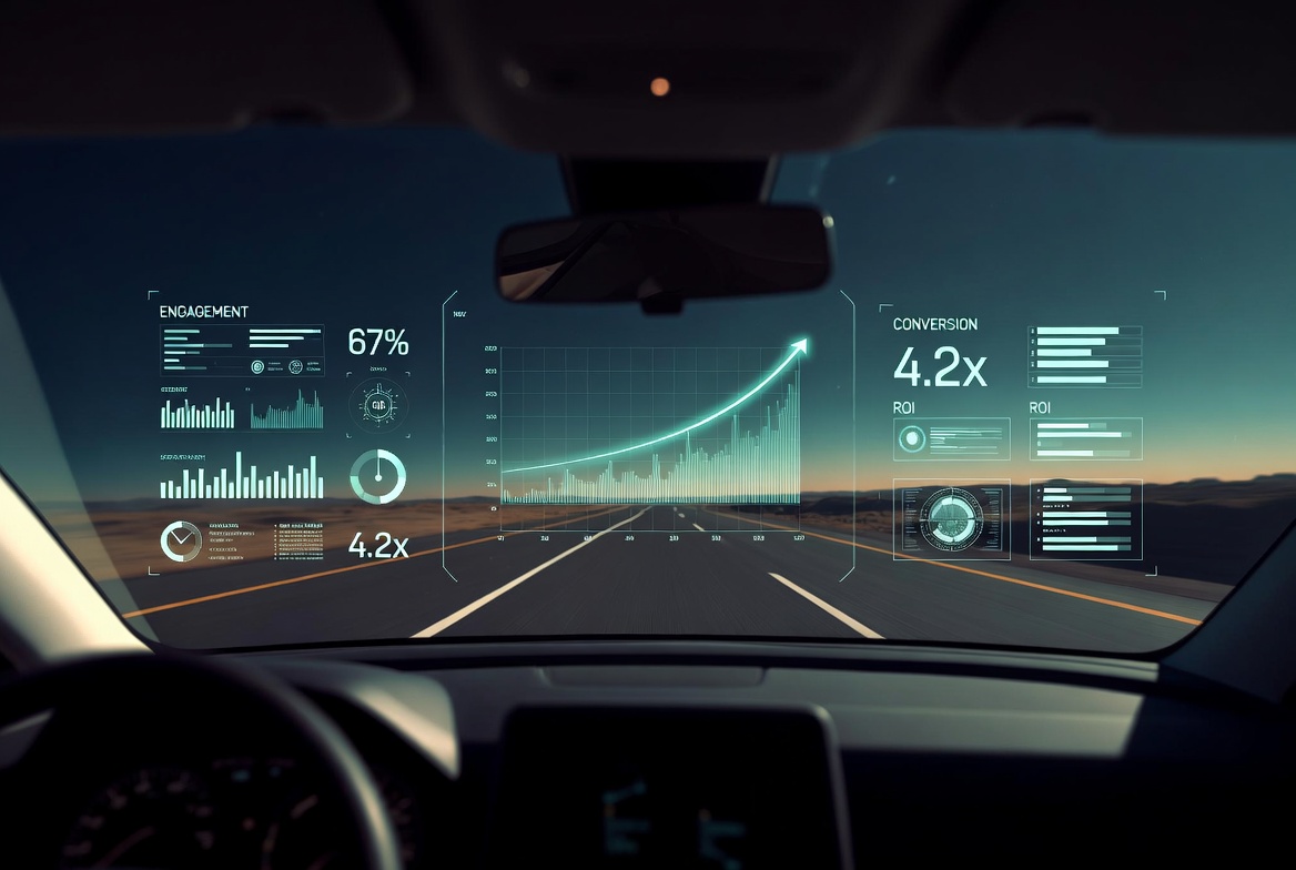 Windshield HUD — engagement, conversion, and ROI data overlaid on the road ahead